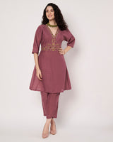 Rosewood Elegance Cotton Linen Embroidered Kurta Set