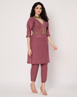 Rosewood Elegance Cotton Linen Embroidered Kurta Set