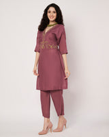 Rosewood Elegance Cotton Linen Embroidered Kurta Set