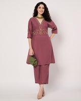 Rosewood Elegance Cotton Linen Embroidered Kurta Set