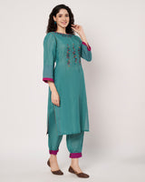 Turquoise Charm Cotton Linen Embroidered Kurta Set