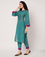 Turquoise Charm Cotton Linen Embroidered Kurta Set