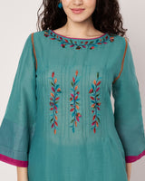 Turquoise Charm Cotton Linen Embroidered Kurta Set