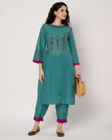 Turquoise Charm Cotton Linen Embroidered Kurta Set