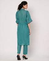 Teal Blossom Cotton Linen Embroidered Kurta Set