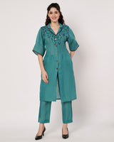 Teal Blossom Cotton Linen Embroidered Kurta Set