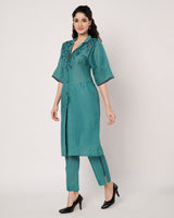 Teal Blossom Cotton Linen Embroidered Kurta Set