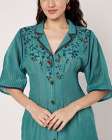 Teal Blossom Cotton Linen Embroidered Kurta Set