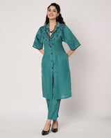 Teal Blossom Cotton Linen Embroidered Kurta Set