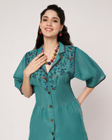 Teal Blossom Cotton Linen Embroidered Kurta Set