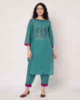 Turquoise Charm Cotton Linen Embroidered Kurta Set