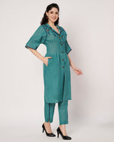 Teal Blossom Cotton Linen Embroidered Kurta Set