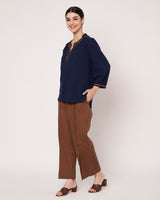 Navy Blue Embroidered Tunic with Brown Linen Pants