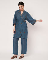 Embroidered Blue Wrap Kurta Set