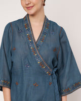 Embroidered Blue Wrap Kurta Set