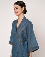 Embroidered Blue Wrap Kurta Set