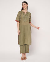 Olive Breeze Embroidered Linen Kurta Set