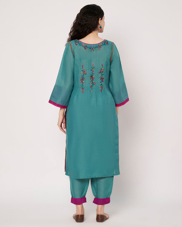 Turquoise Charm Cotton Linen Embroidered Kurta Set