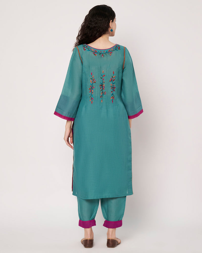 Turquoise Charm Cotton Linen Embroidered Kurta Set