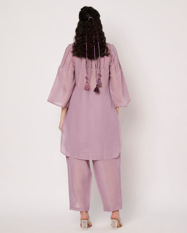 Lavender Breeze Cotton Linen Embroidered  Kurta Set