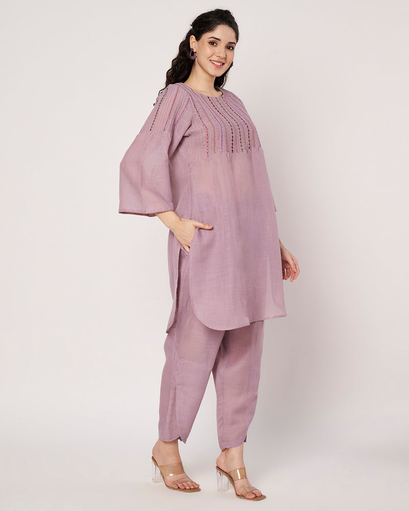 Lavender Breeze Cotton Linen Embroidered  Kurta Set