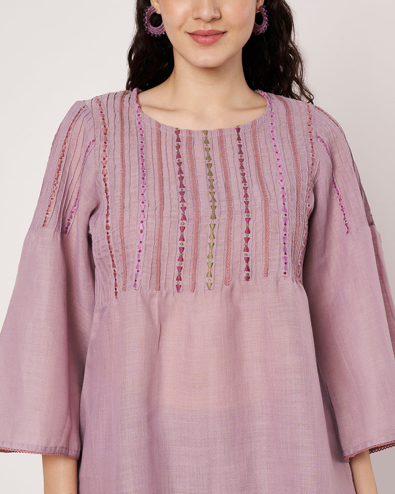Lavender Breeze Cotton Linen Embroidered  Kurta Set