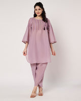 Lavender Breeze Cotton Linen Embroidered  Kurta Set