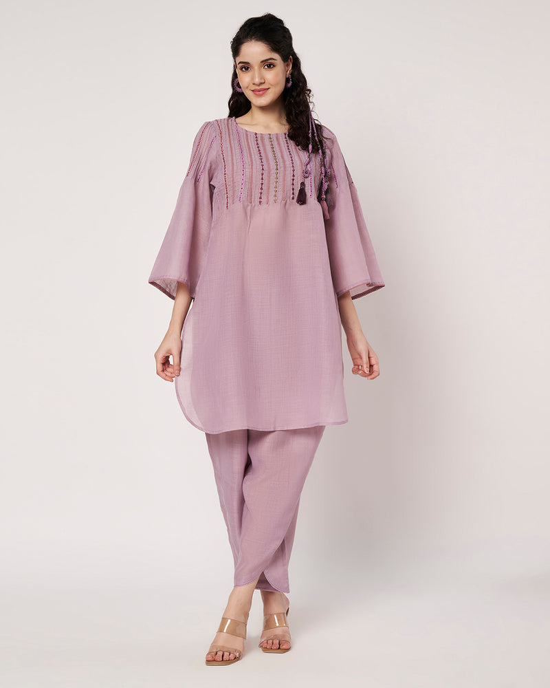 Lavender Breeze Cotton Linen Embroidered  Kurta Set