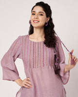 Lavender Breeze Cotton Linen Embroidered  Kurta Set
