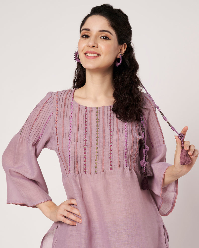 Lavender Breeze Cotton Linen Embroidered  Kurta Set