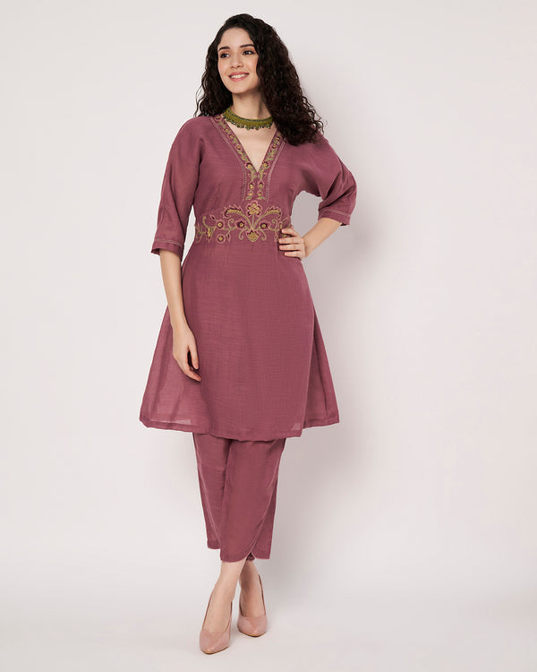 Rosewood Elegance Cotton Linen Embroidered Kurta Set