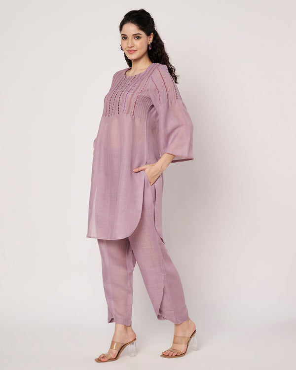Lavender Breeze Cotton Linen Embroidered  Kurta Set
