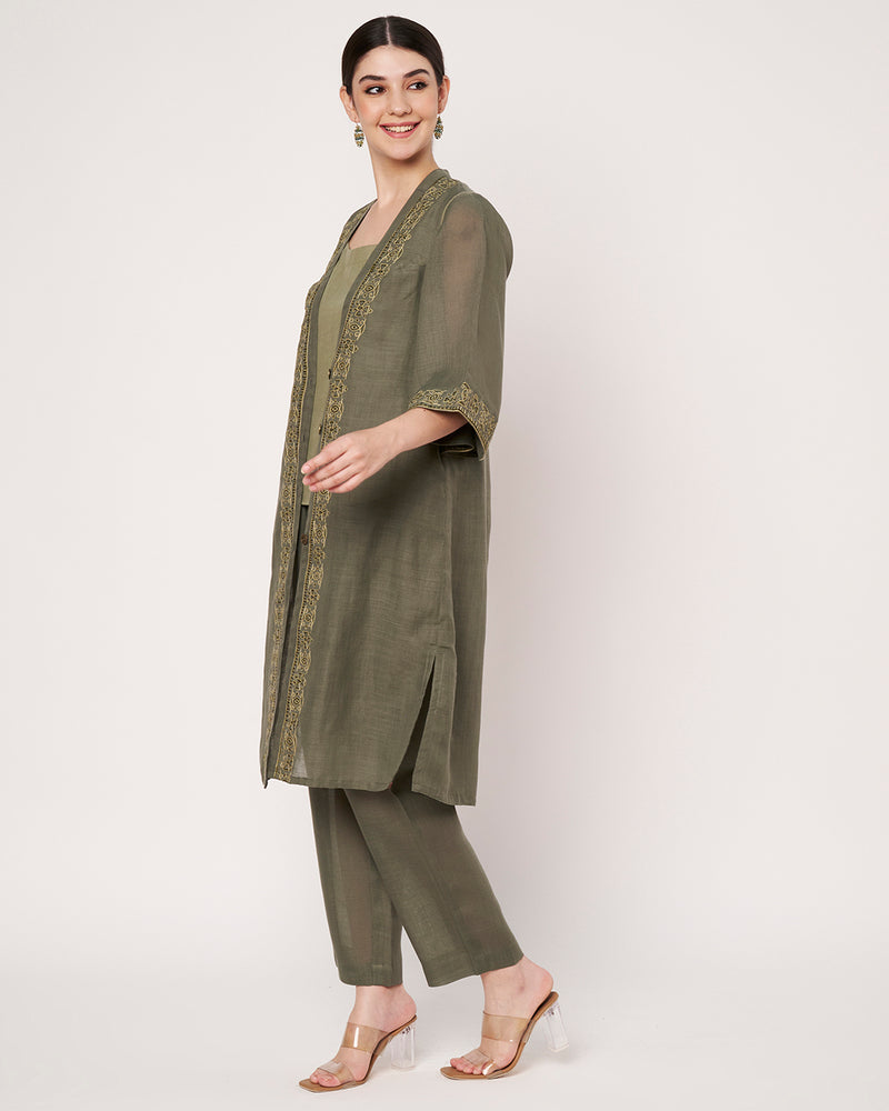 Golden Olive Green  Jacket Kurta Set