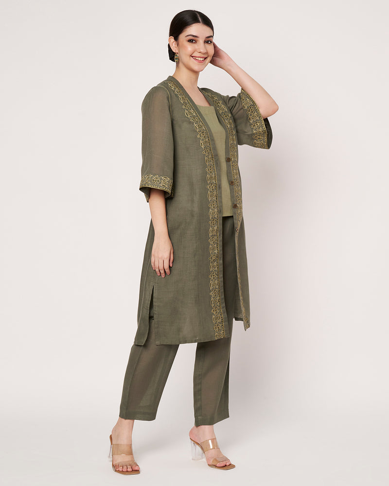 Golden Olive Green  Jacket Kurta Set