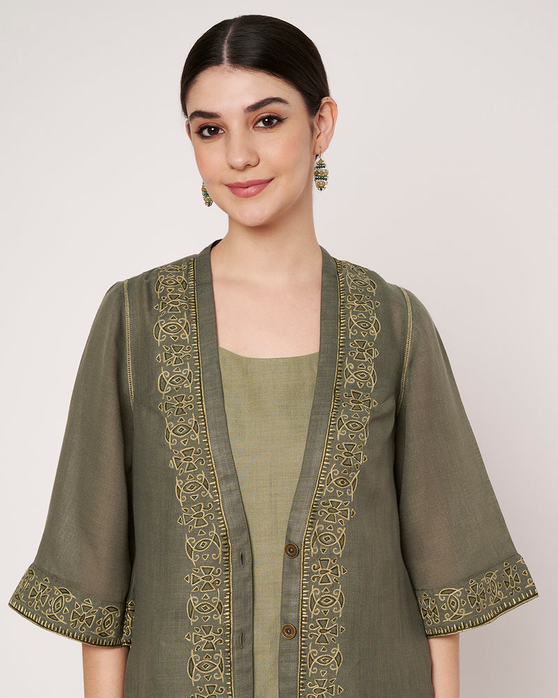 Golden Olive Green  Jacket Kurta Set