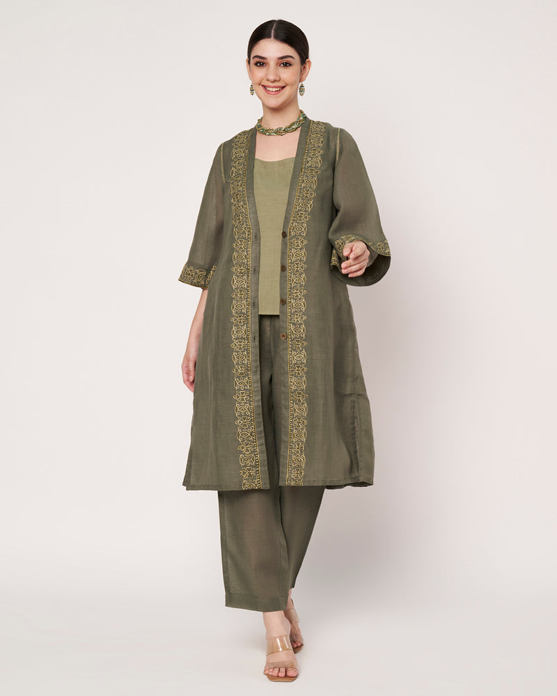 Golden Olive Green  Jacket Kurta Set