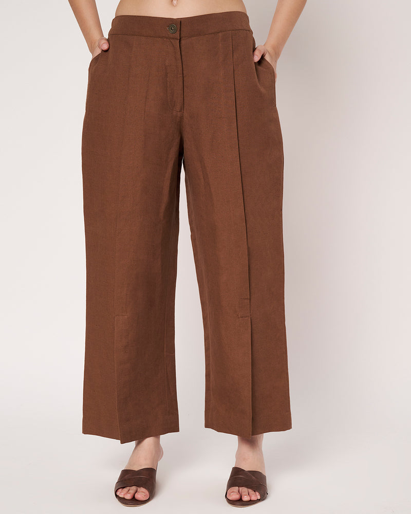 Navy Blue Embroidered Tunic with Brown  Linen Pants