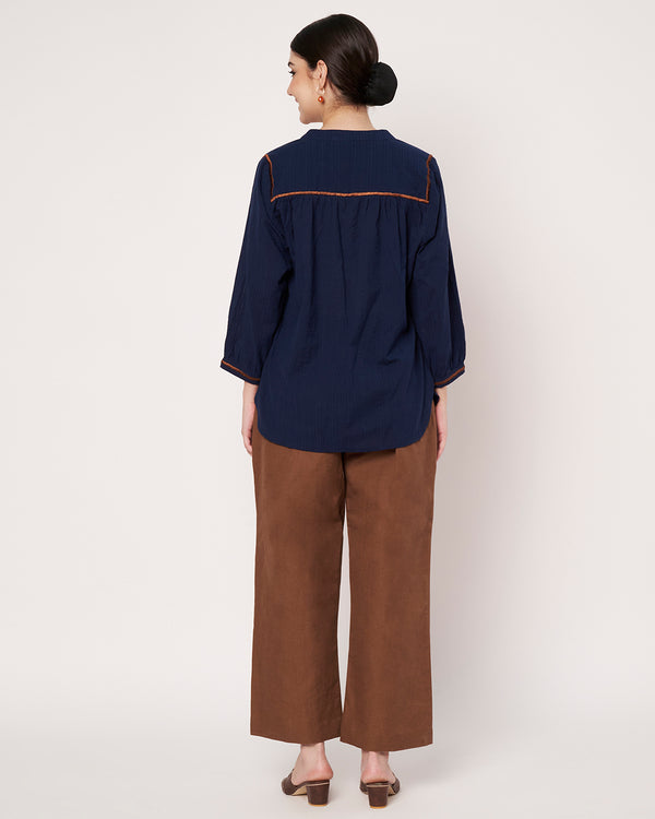 Navy Blue Embroidered Tunic with Brown  Linen Pants