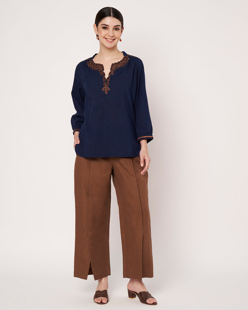 Navy Blue Embroidered Tunic with Brown  Linen Pants