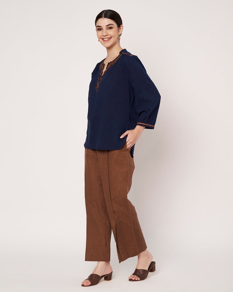 Navy Blue Embroidered Tunic with Brown  Linen Pants