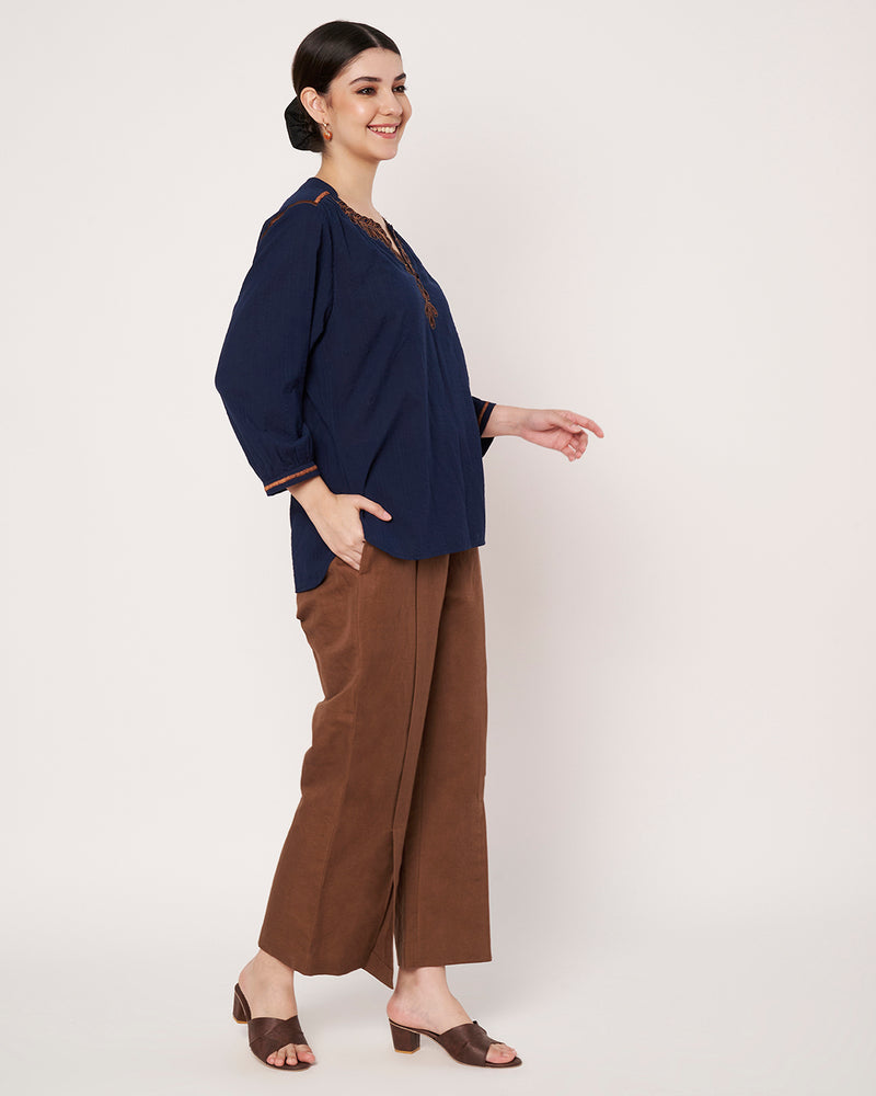 Navy Blue Embroidered Tunic with Brown  Linen Pants