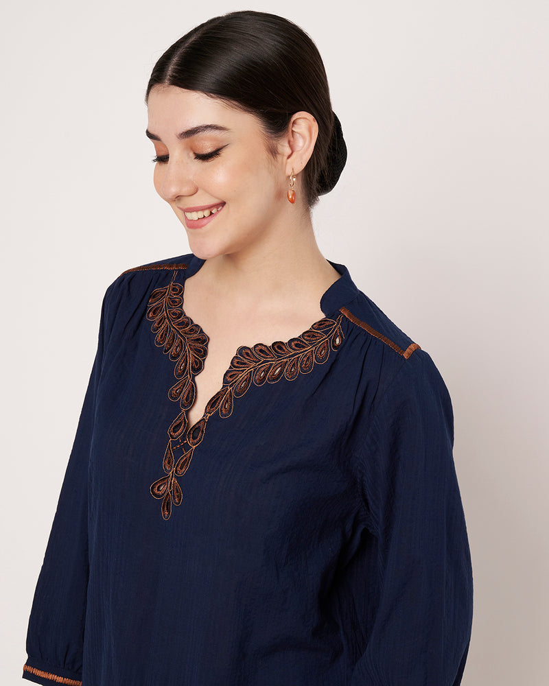 Navy Blue Embroidered Tunic with Brown  Linen Pants