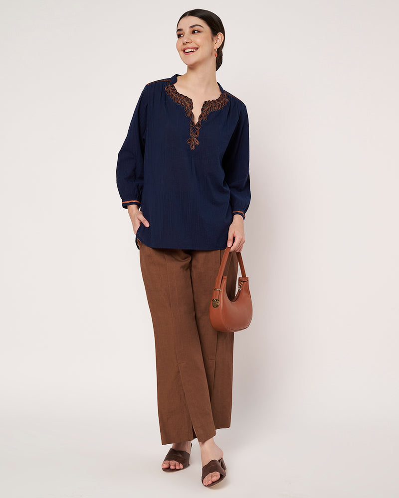 Navy Blue Embroidered Tunic with Brown  Linen Pants