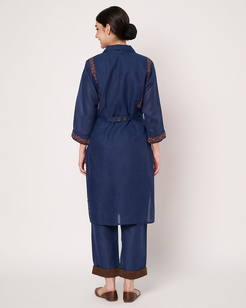 Navy Blue Embroidered Long Kurta with Matching Pants