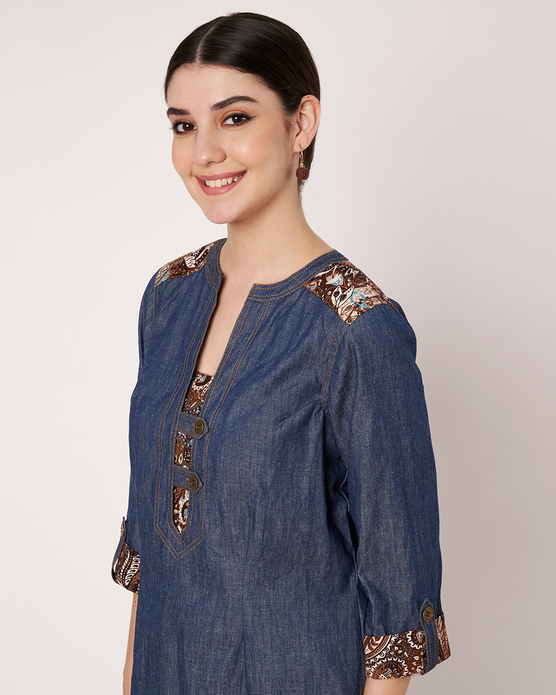 Denim-Style & print Kurta with Pants