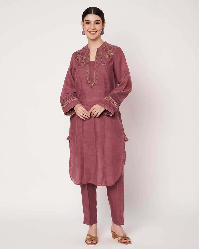 Dark Mauve Embroidered Kurta Set