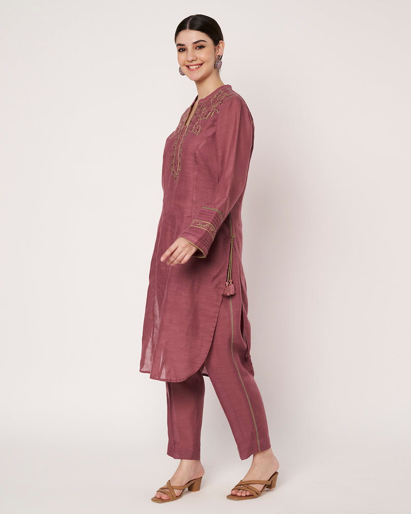 Dark Mauve Embroidered Kurta Set