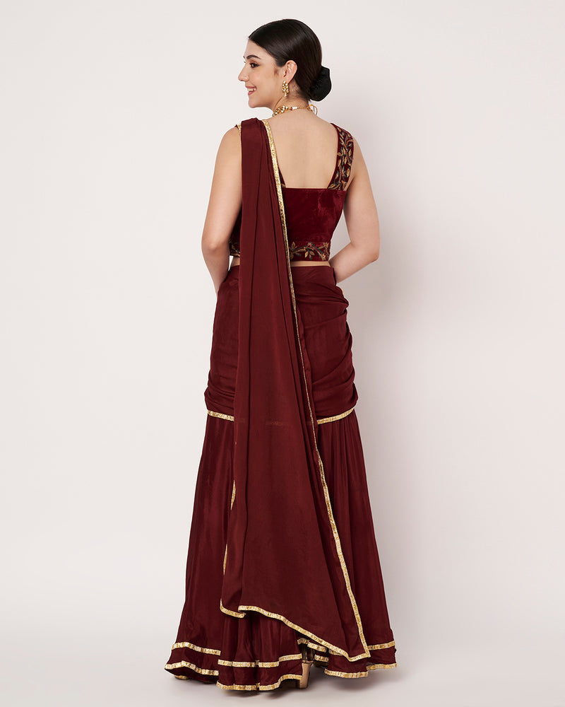 Maroon Embroidered Drape Saree