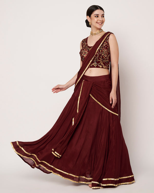 Maroon Embroidered Drape Saree
