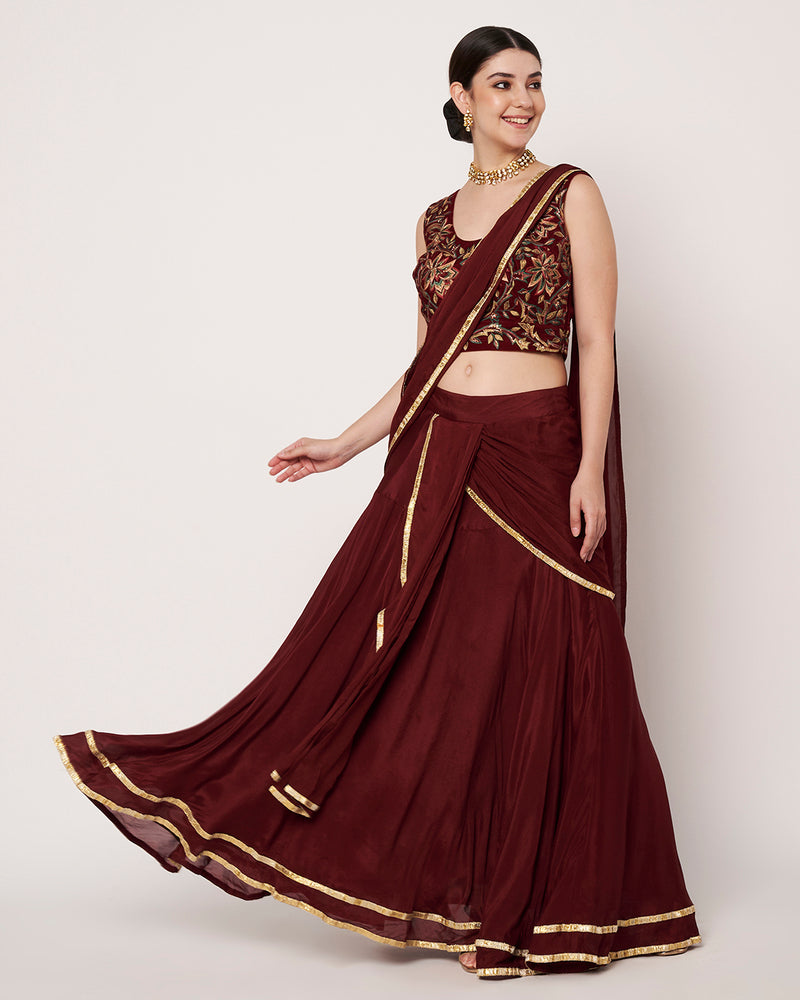 Maroon Embroidered Drape Saree